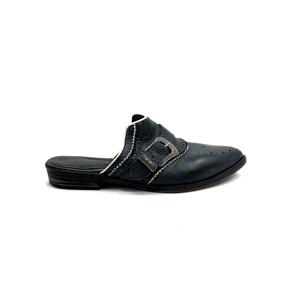 Free People | Western Buckle Navy Leather Mules Size EU 36